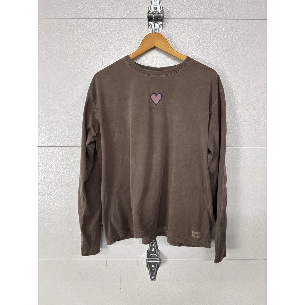 Life is Good Womens XL Long Sleeve T-Shirt Brown Pink Heart Graphic Cotton Tee - Picture 2 of 5